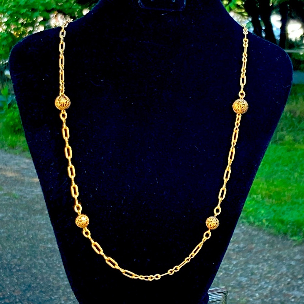 Accessocraft N.Y.C. Vintage 1970's Gold Tone Metal Filigree Bead Chain 25" Long